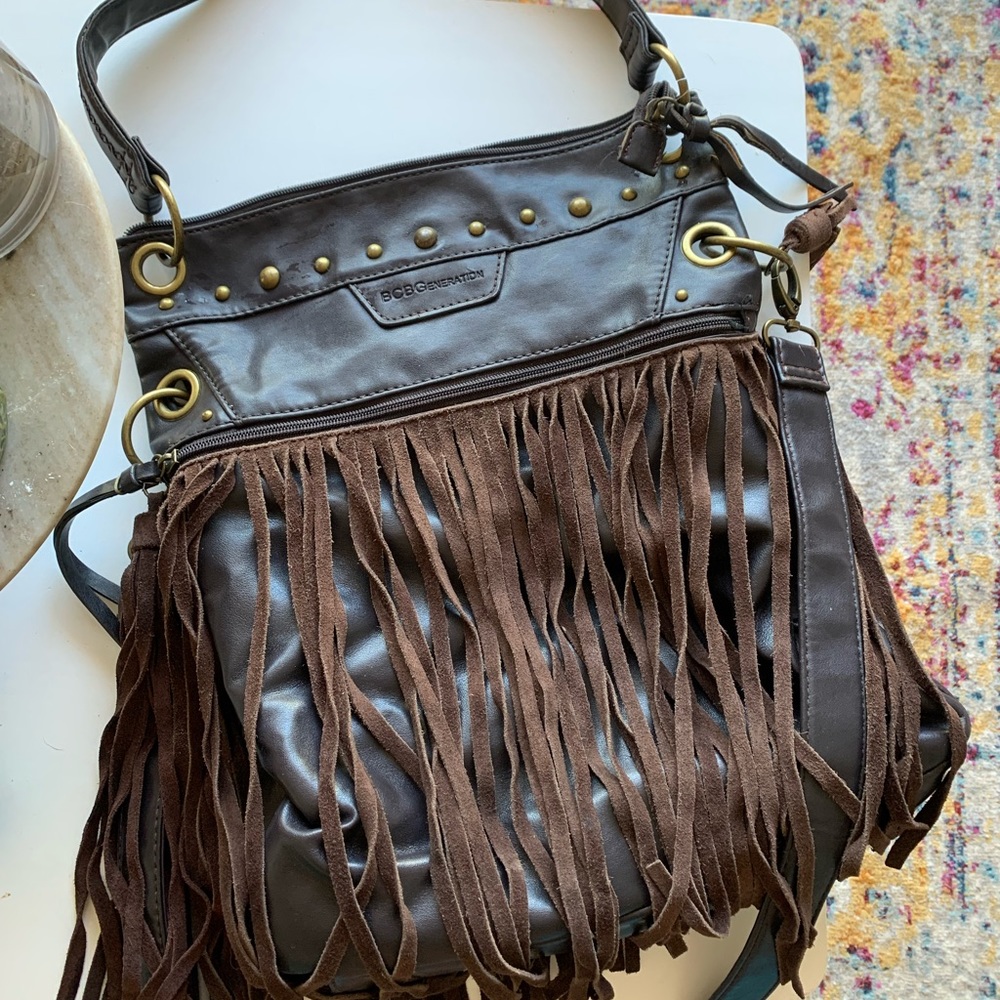 BCBG bohemian hobo bag, leather and suede tassels